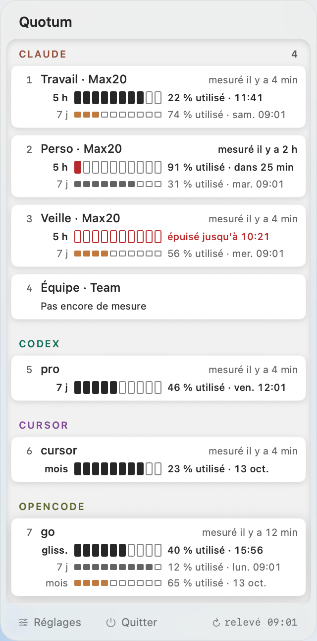 Le panneau de Quotum, sept comptes de quatre outils, une ligne par fenêtre de quota avec sa jauge de dix cases, et l'âge de chaque mesure.