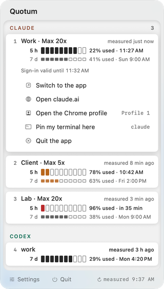 A Claude account opened: Switch to the app, Open claude.ai, Open the Chrome profile, Pin my terminal here, and Quit the app.