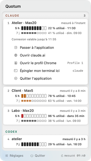 Un compte Claude déplié : Passer à l'application, Ouvrir claude.ai, Ouvrir le profil Chrome, Épingler mon terminal ici et Quitter l'application.